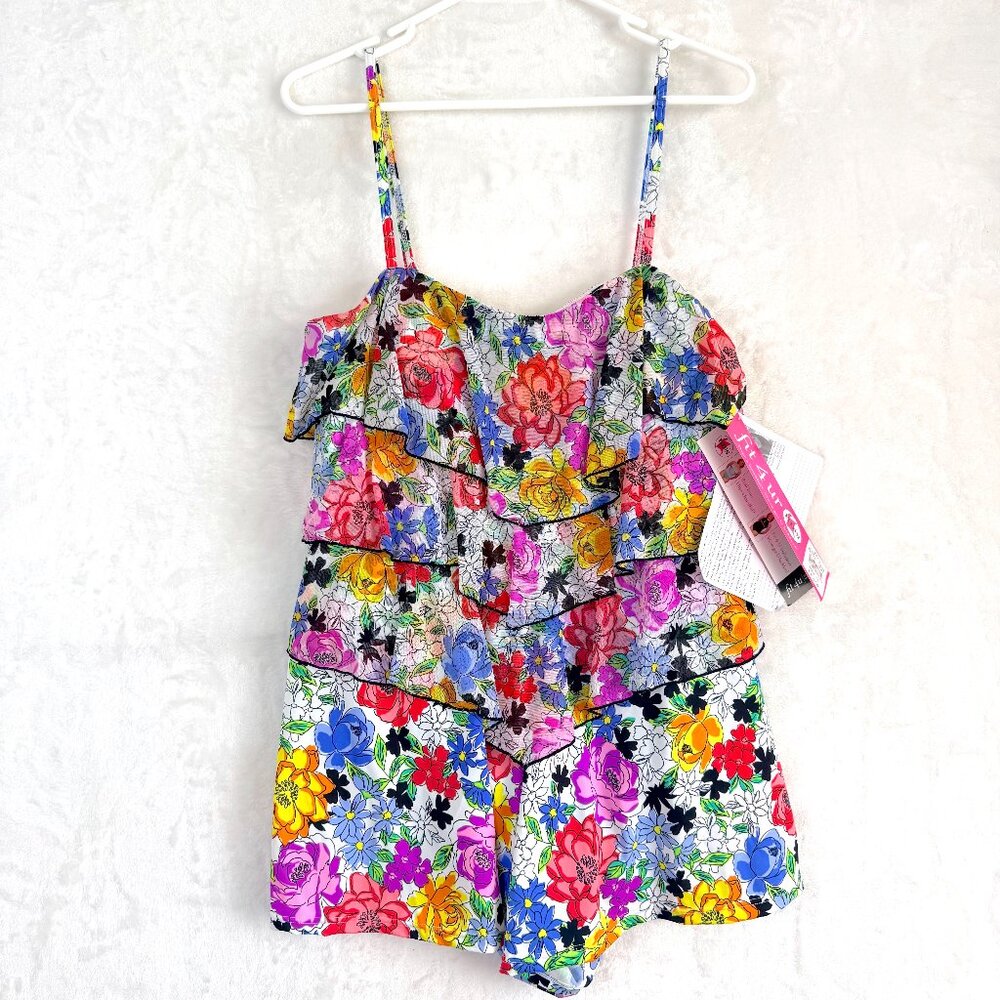 FIT 4U Floral Flounce Ruffle Romper Adjustable Strap One Piece Swimsuit 16 NEW